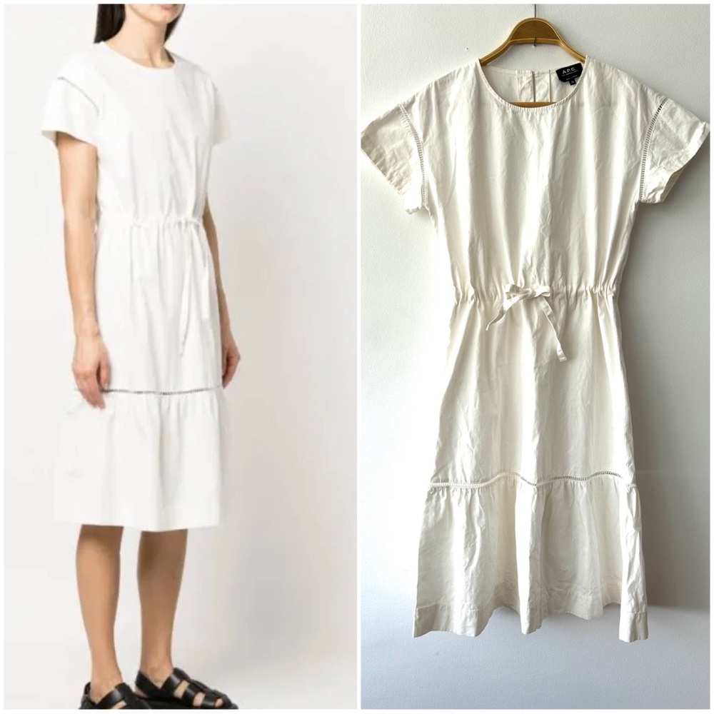 $398 A.P.C. WHITE COTTON IDA MIDI DRESS WITH TIE WAIST OPEN STITCH WORK 4 36 FR